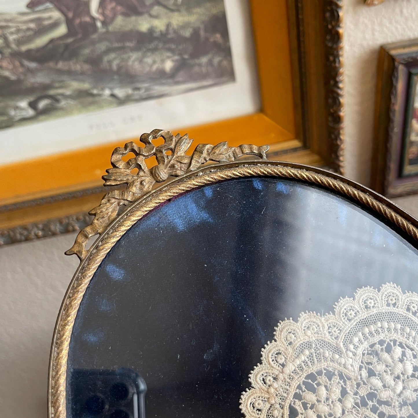 Vintage Antique Royal Blue velvet & Lace Footed Oval Dresser vanity Tray