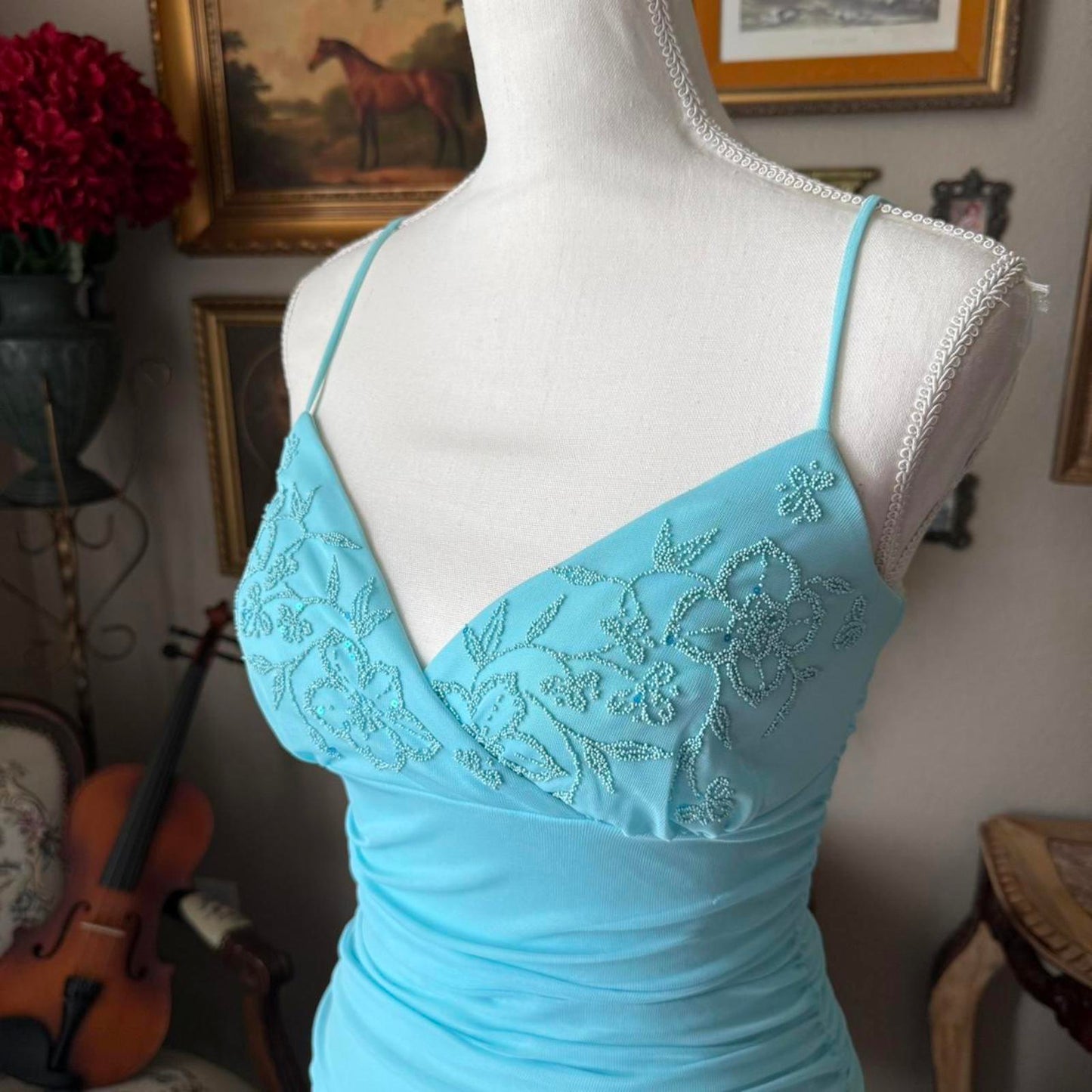 Trixxi Blue lace beaded fairy dress with ruched bust and asymmetrical hem