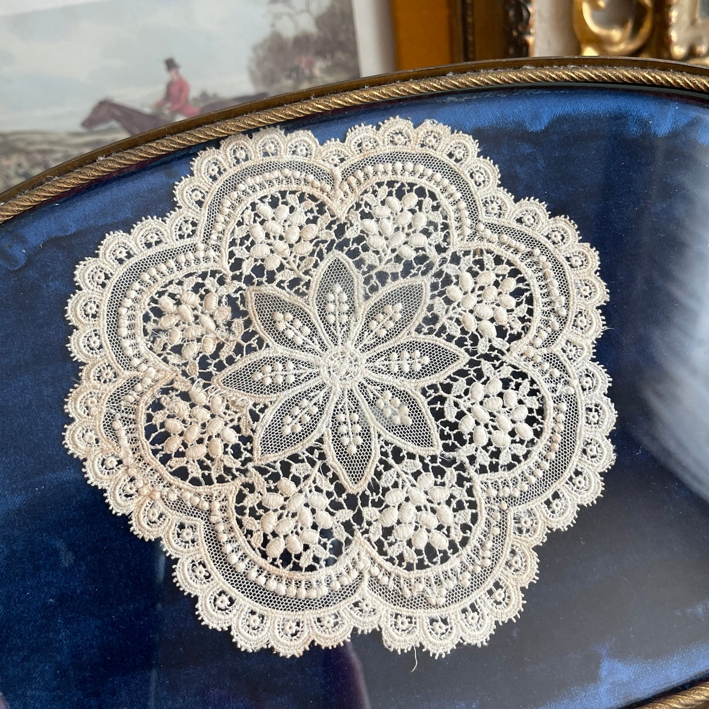 Vintage Antique Royal Blue velvet & Lace Footed Oval Dresser vanity Tray