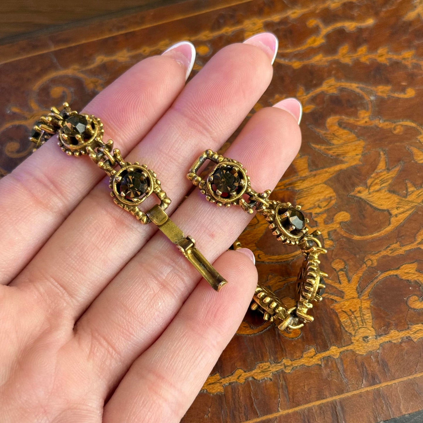 Vintage Gold Tone with Brown Glass Rhinestone Chain Bracelet
