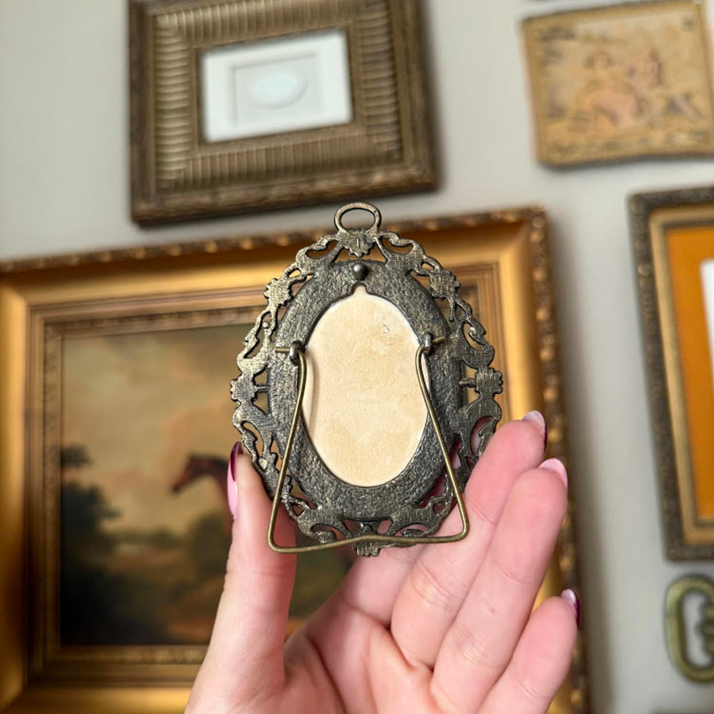 Vintage Oval Floral Embroidery in Orange Metal Frame