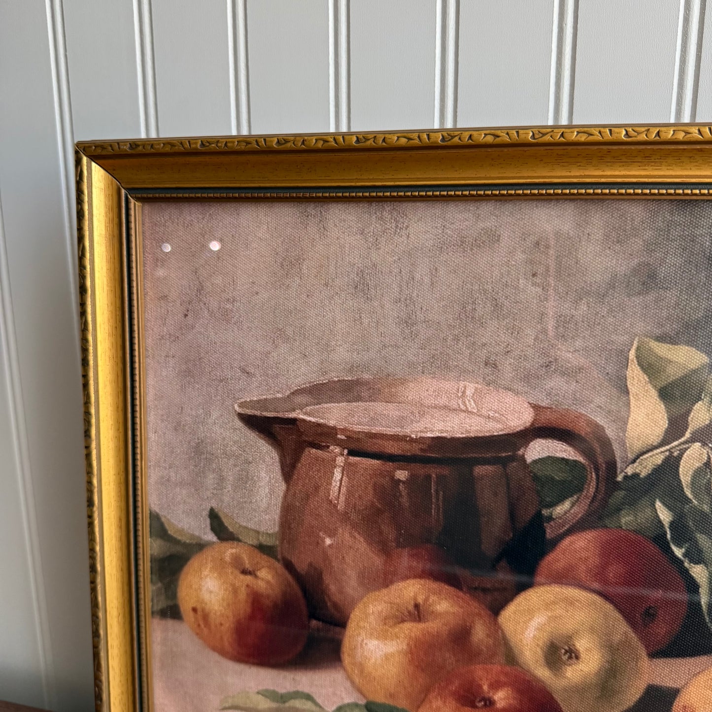 Vintage inspired Still life oranges and pitcher Canvas Print Framed