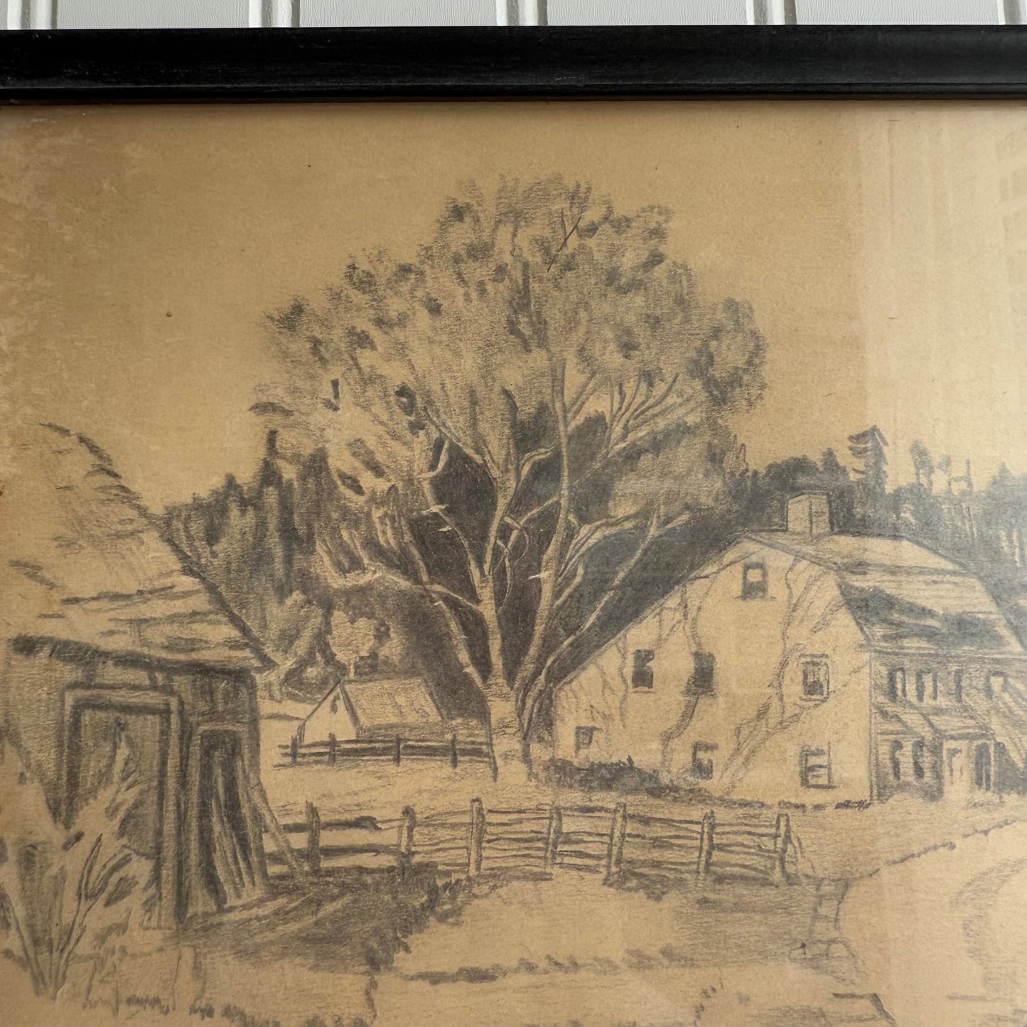 Vintage Barn sceney drawing Framed