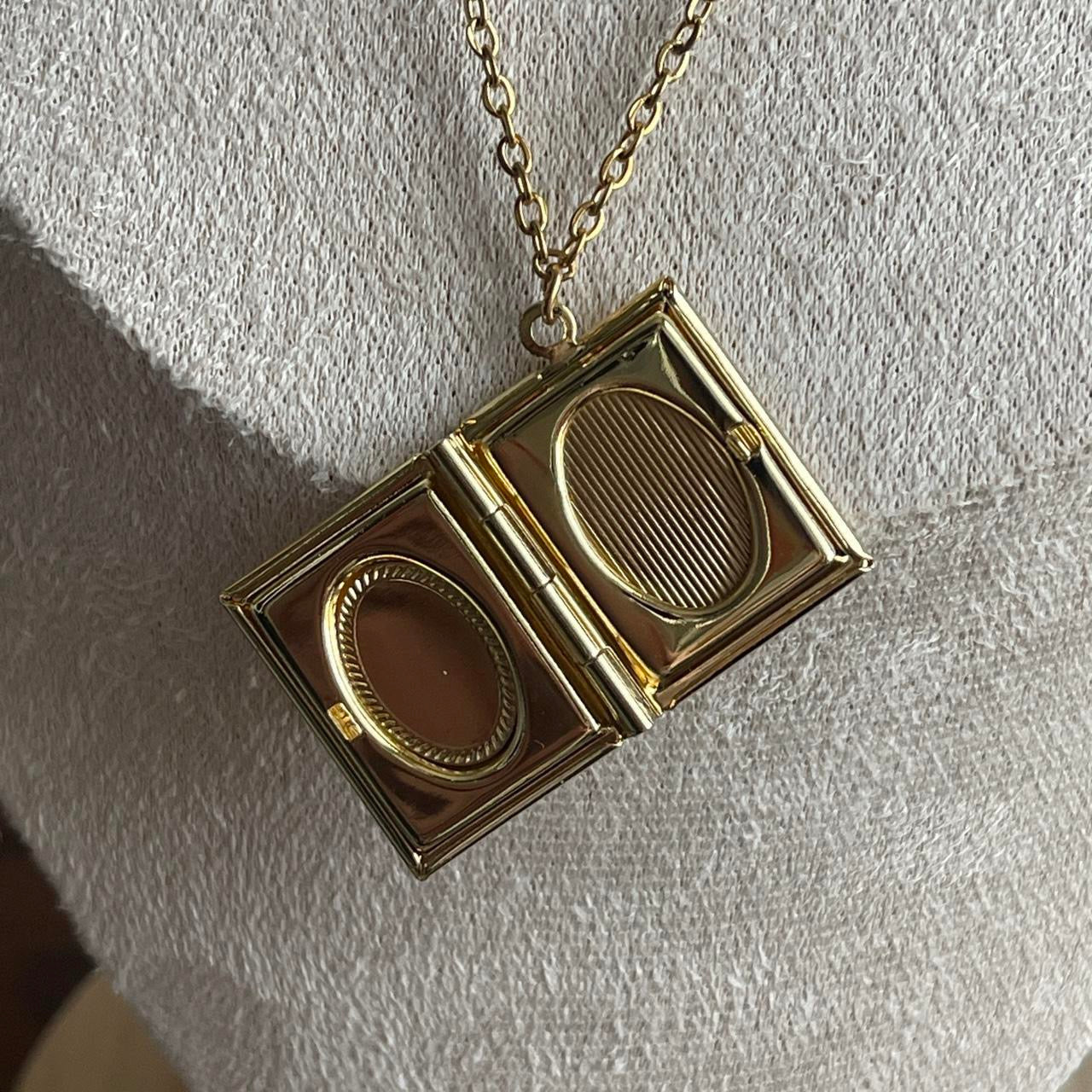 Vintage style gold tone book locket necklace