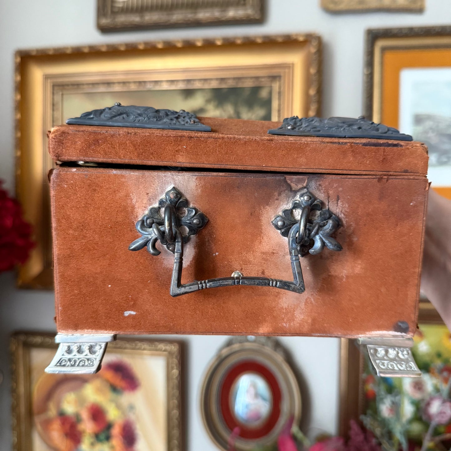 Vintage Ornate Velvet Jewelry Box – Blue Satin Tufted Interior, Decorative Metal Trim & Feet, Mid-Century Asian Design