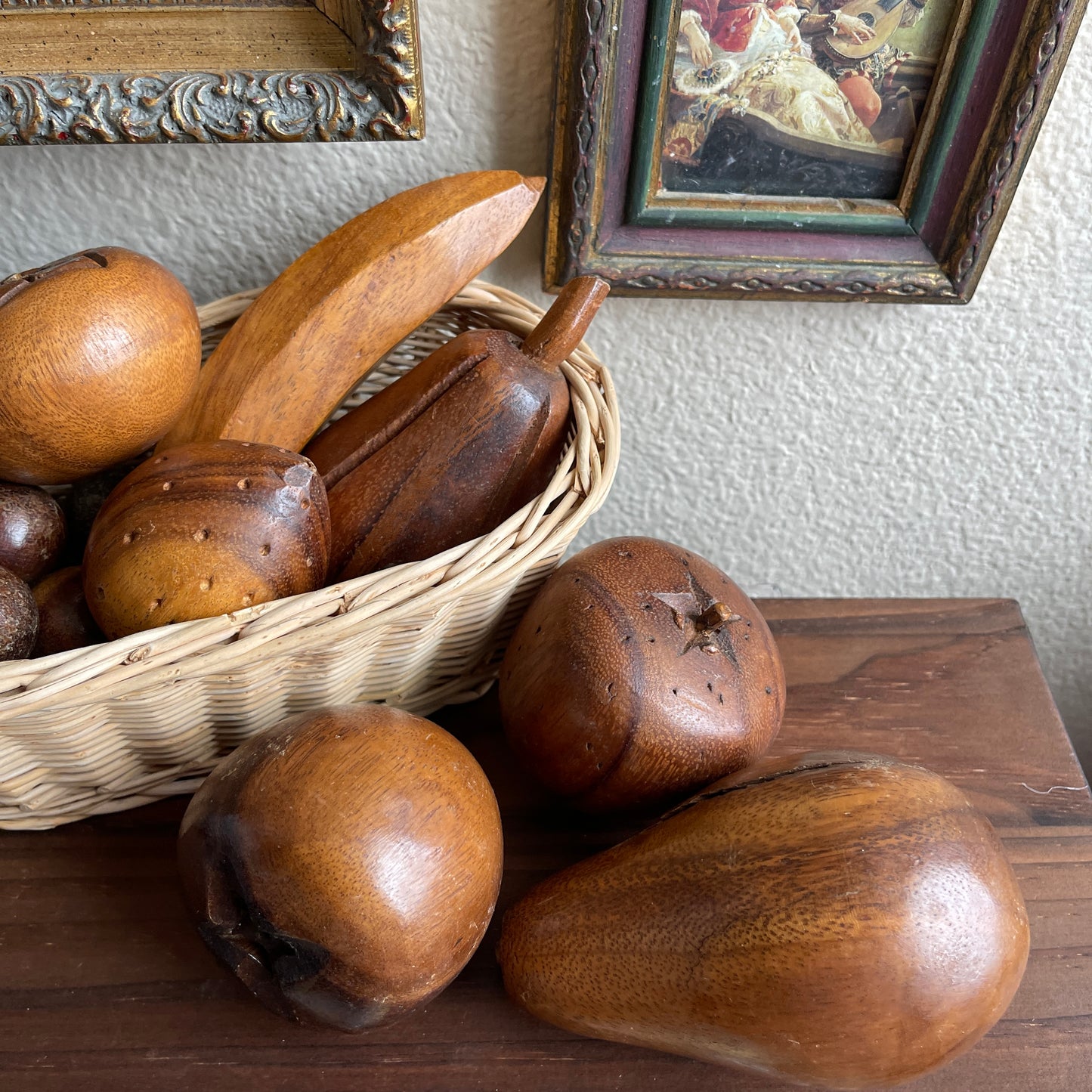 Vintage Carved Wooden Fruit and Basket Vintage 9 Piece Set