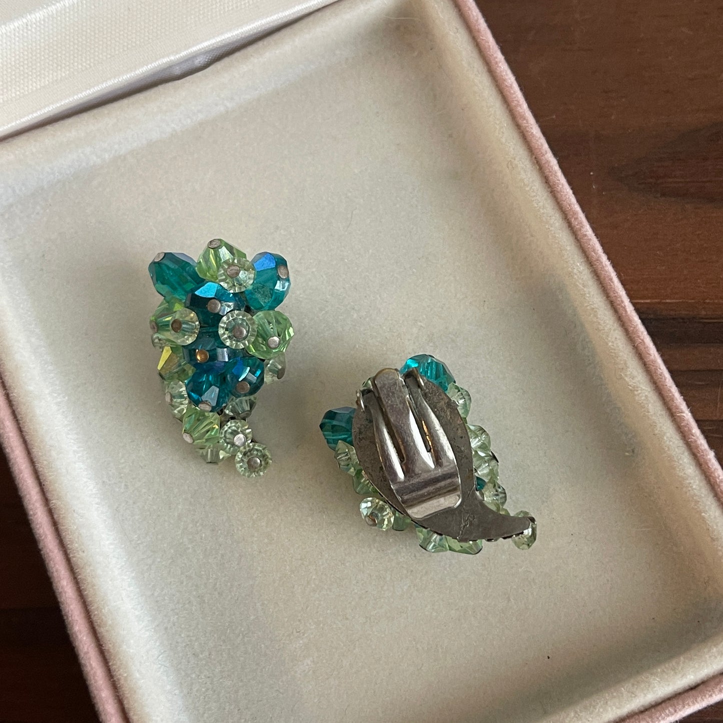 Vintage Crystal bead Cluster AB Blue Green Wrap Clip Earrings