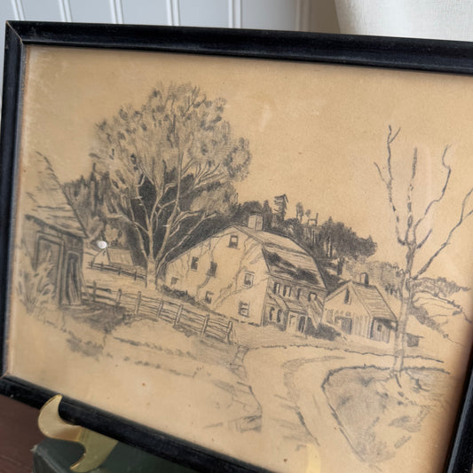 Vintage Barn sceney drawing Framed