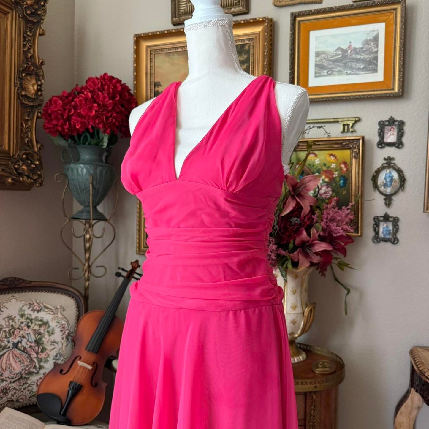 Pink After Six midi dress with ruching and V-neckline