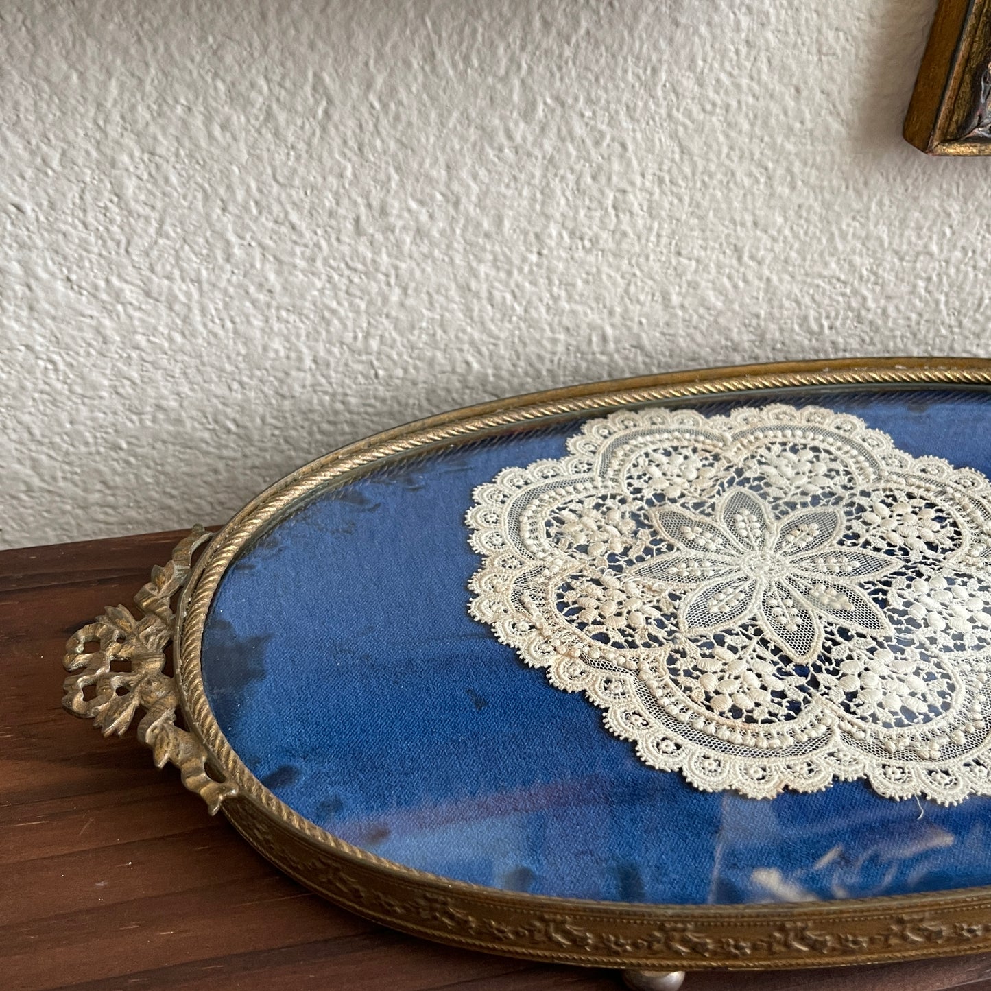 Vintage Antique Royal Blue velvet & Lace Footed Oval Dresser vanity Tray