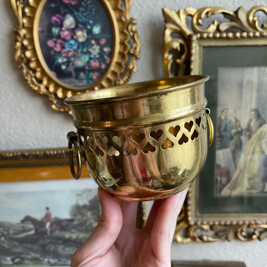 Vintage Brass Bowl with Pierced Hearts and circle Handles Made in India