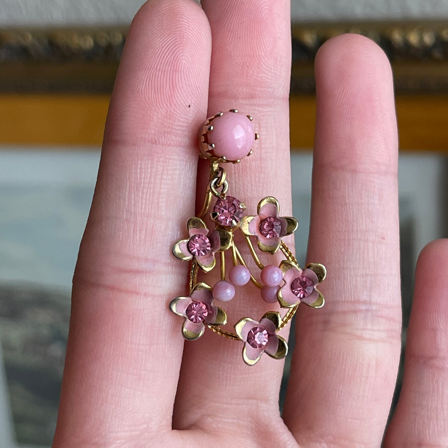 Vintage Pink floral and rhinestone screw back earrings