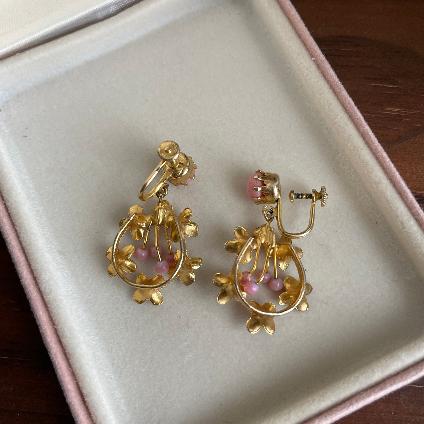 Vintage Pink floral and rhinestone screw back earrings