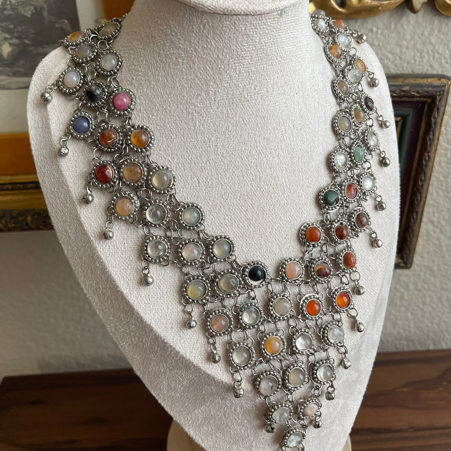 Silver tone Morocoo bib style semi precious stones with matching earrings