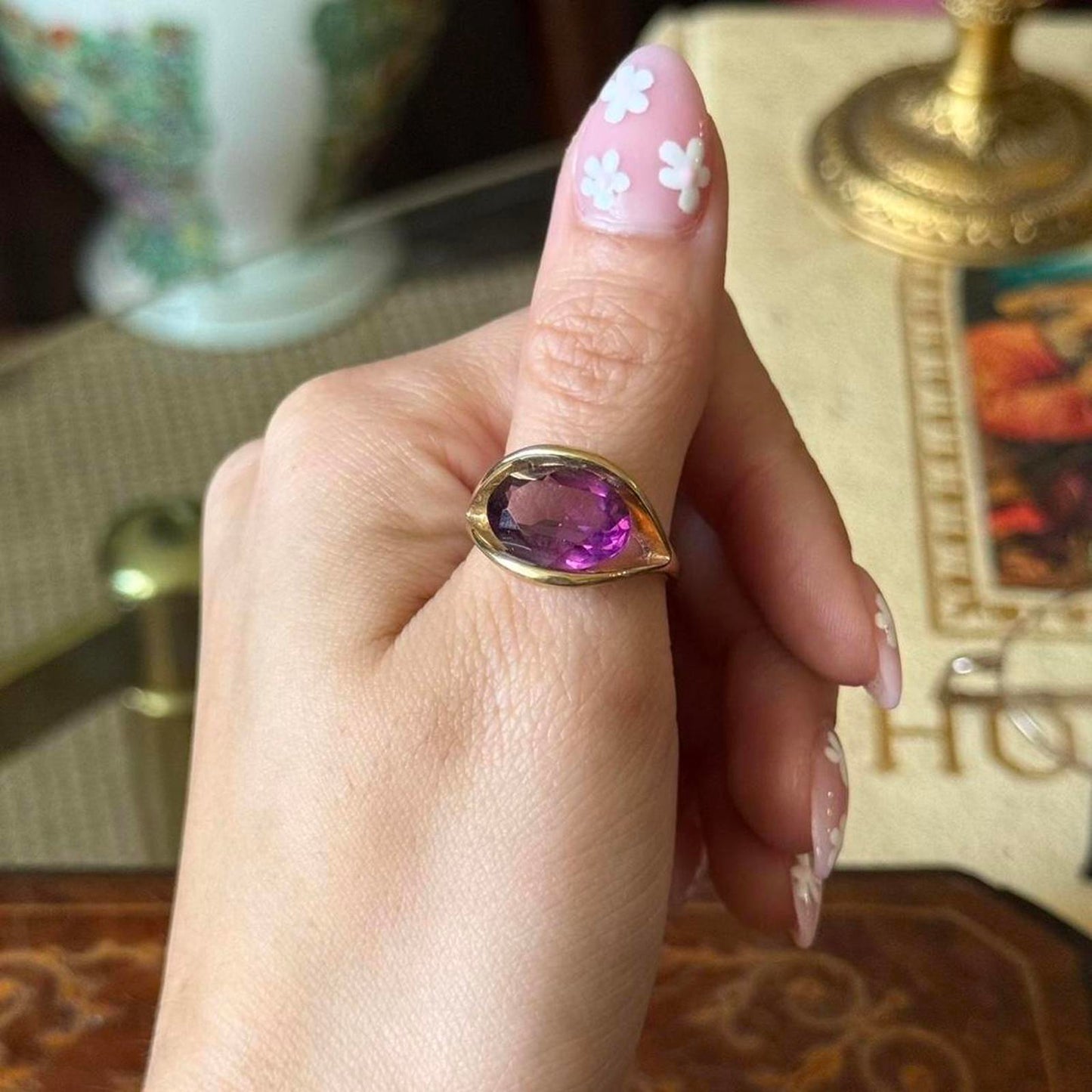 Vintage Gold Electroplated Purple Faux Glass Amethyst Ring