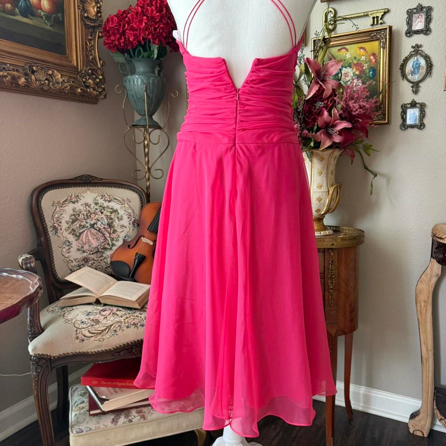 Pink After Six midi dress with ruching and V-neckline