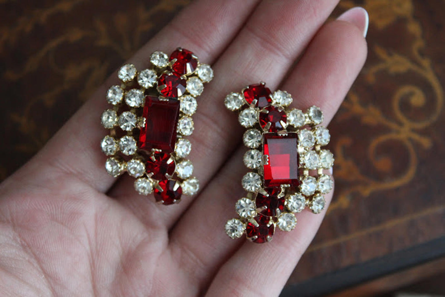 Vintage Glass Red & Clear Rhinestone Clip Earrings