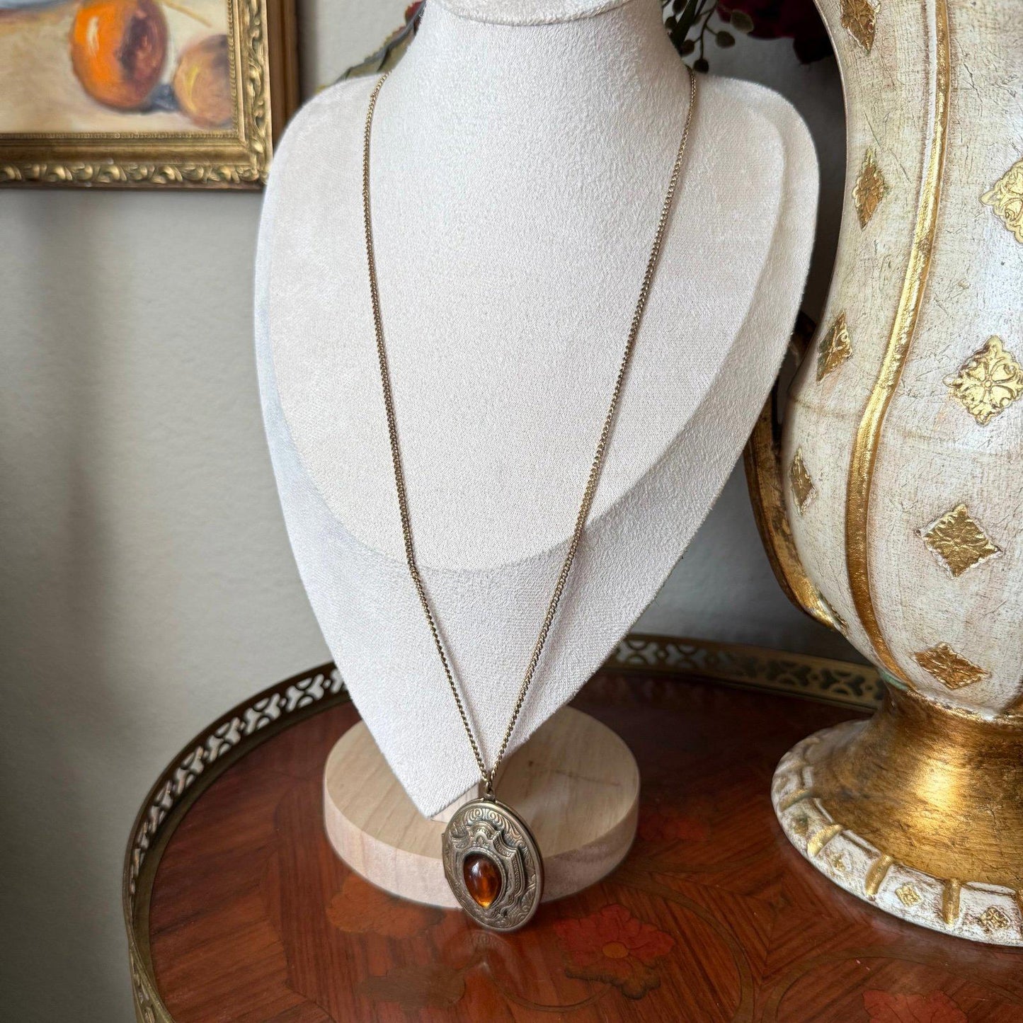 Vintage gold tone locket with glass faux amber Stone necklace