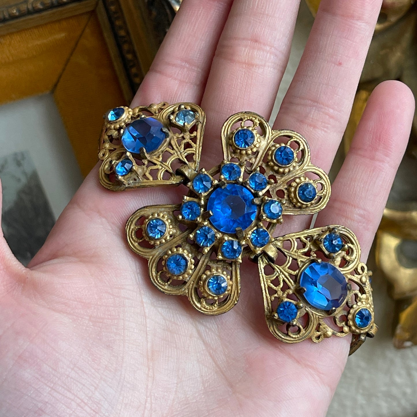 Vintage Blue Glass Rhinestone And Filigree Bracelet