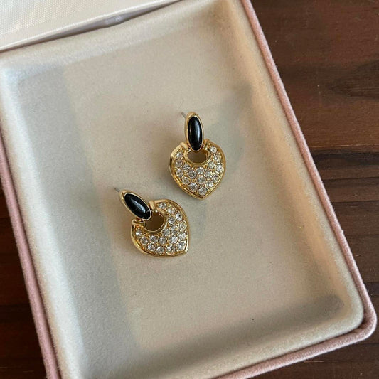 Swarovski Swan Heart Earrings Signed Crystal Pave Black Enamel Pierced Dangle