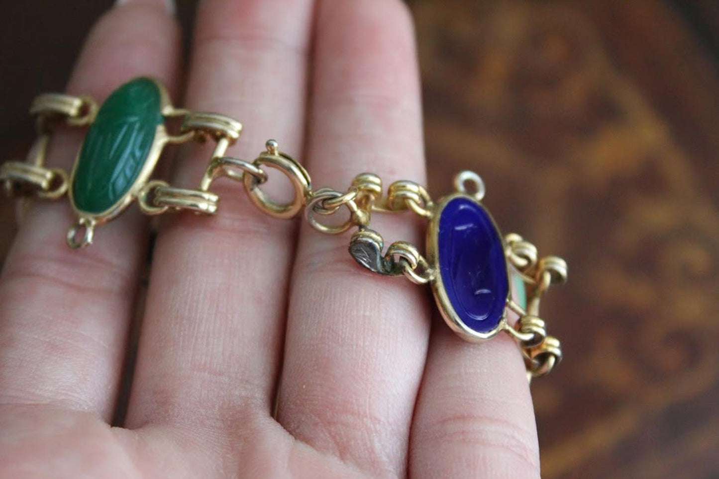 Vintage Egyptian Revival Gold Toned Scarab Bracelet