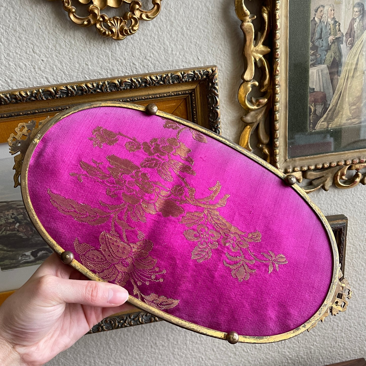 Vintage Antique Royal Blue velvet & Lace Footed Oval Dresser vanity Tray