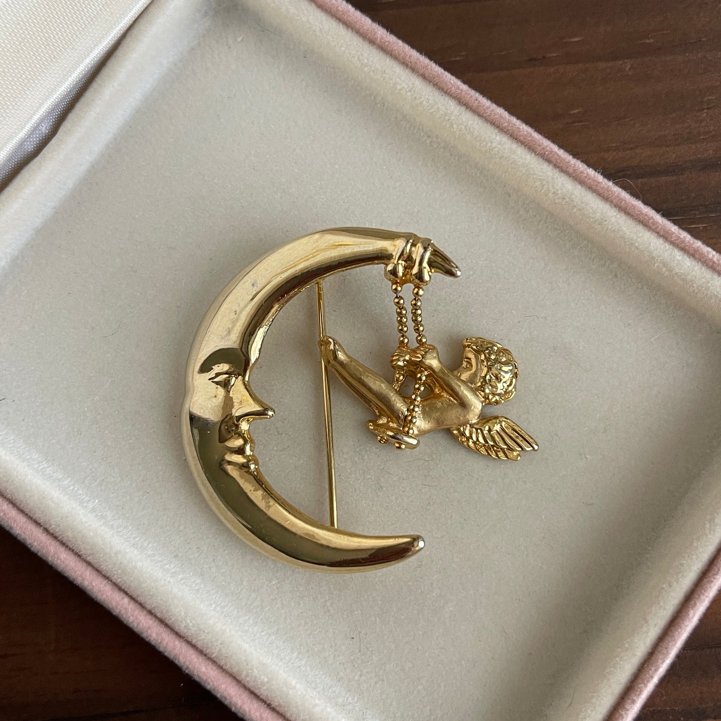 Vintage angel angel swinging from moon pin Signed Danecraft brooch