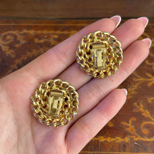 Vintage Round Gold Tone Chain Textured Clip on earrings