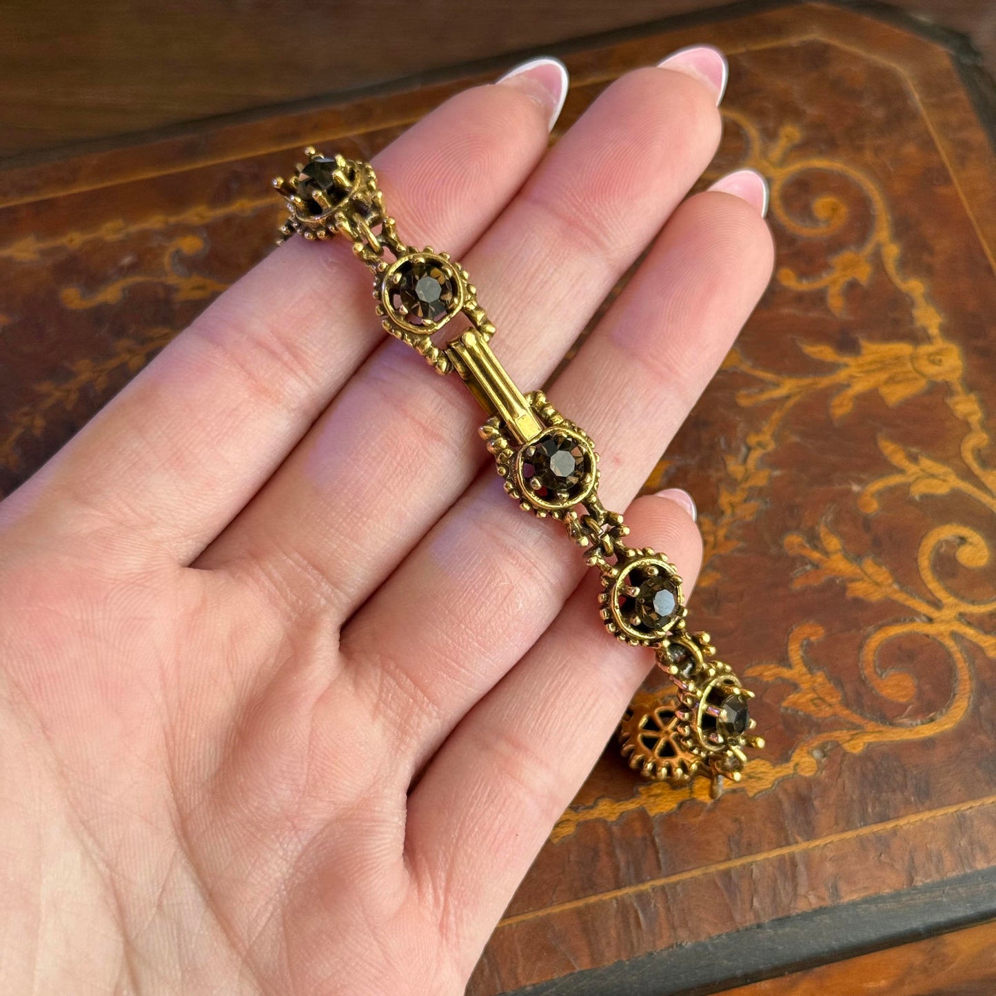 Vintage Gold Tone with Brown Glass Rhinestone Chain Bracelet