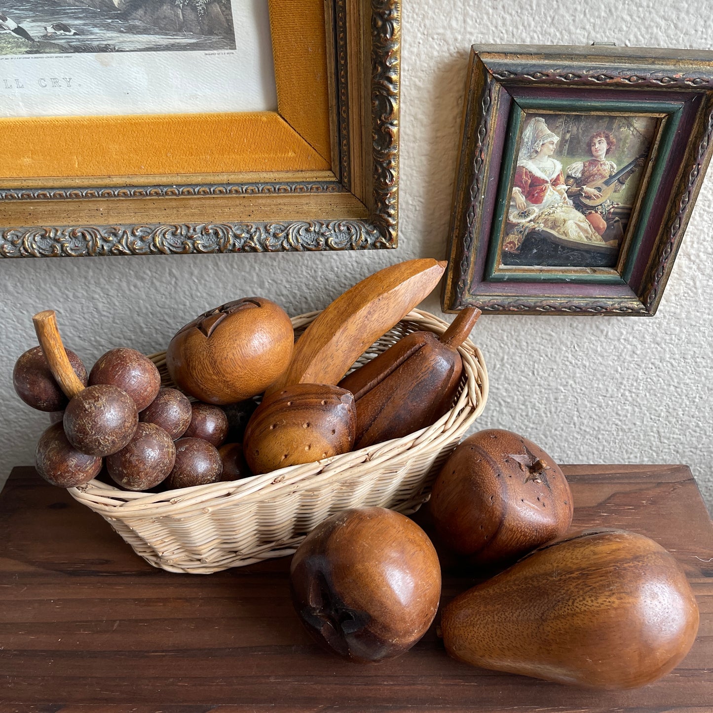 Vintage Carved Wooden Fruit and Basket Vintage 9 Piece Set
