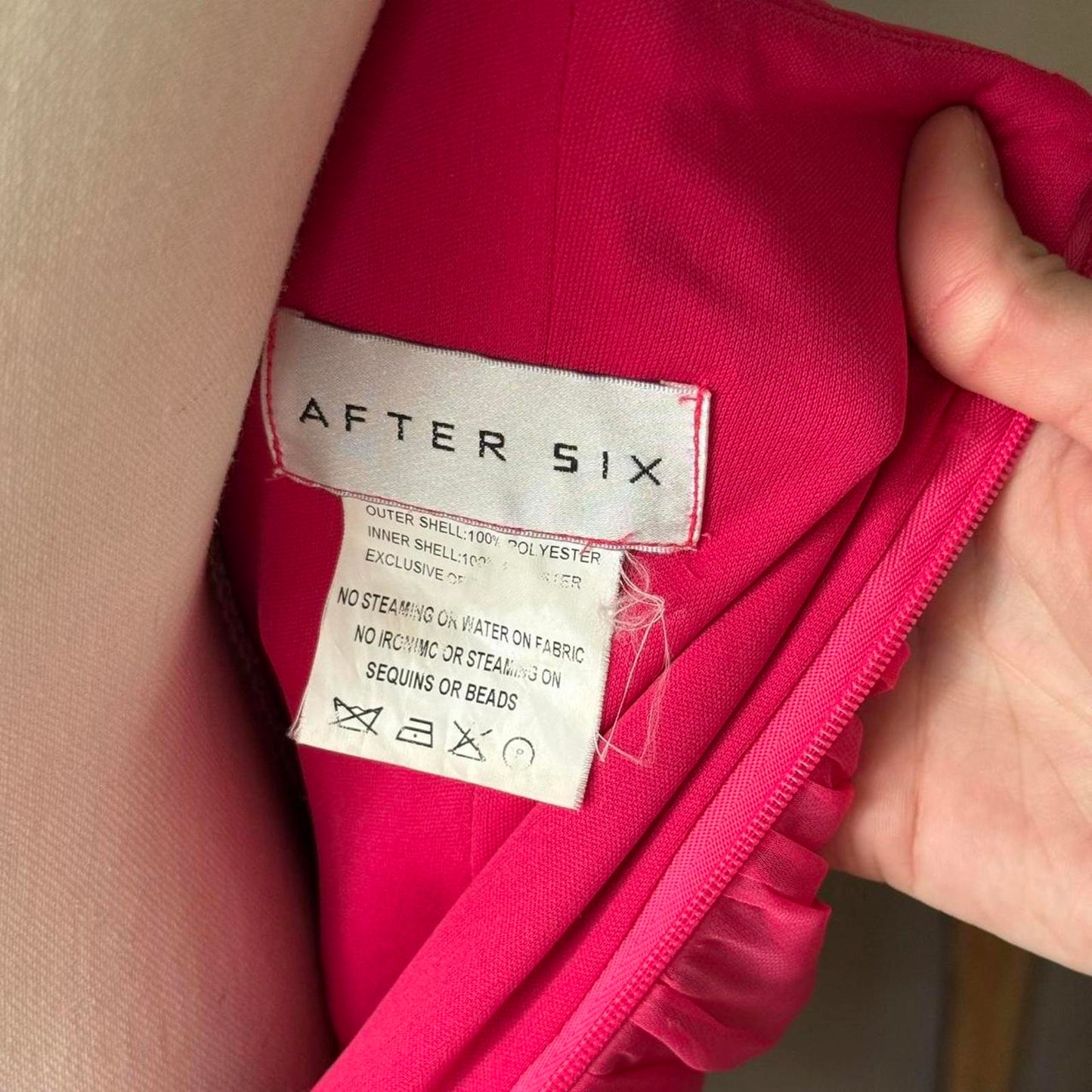 Pink After Six midi dress with ruching and V-neckline