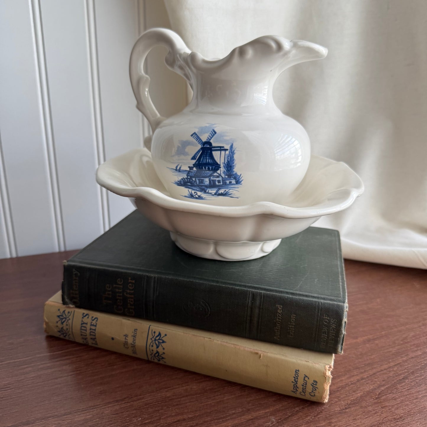 McCoy Pitcher Ewer Bowl Set Off White Blue Windmill