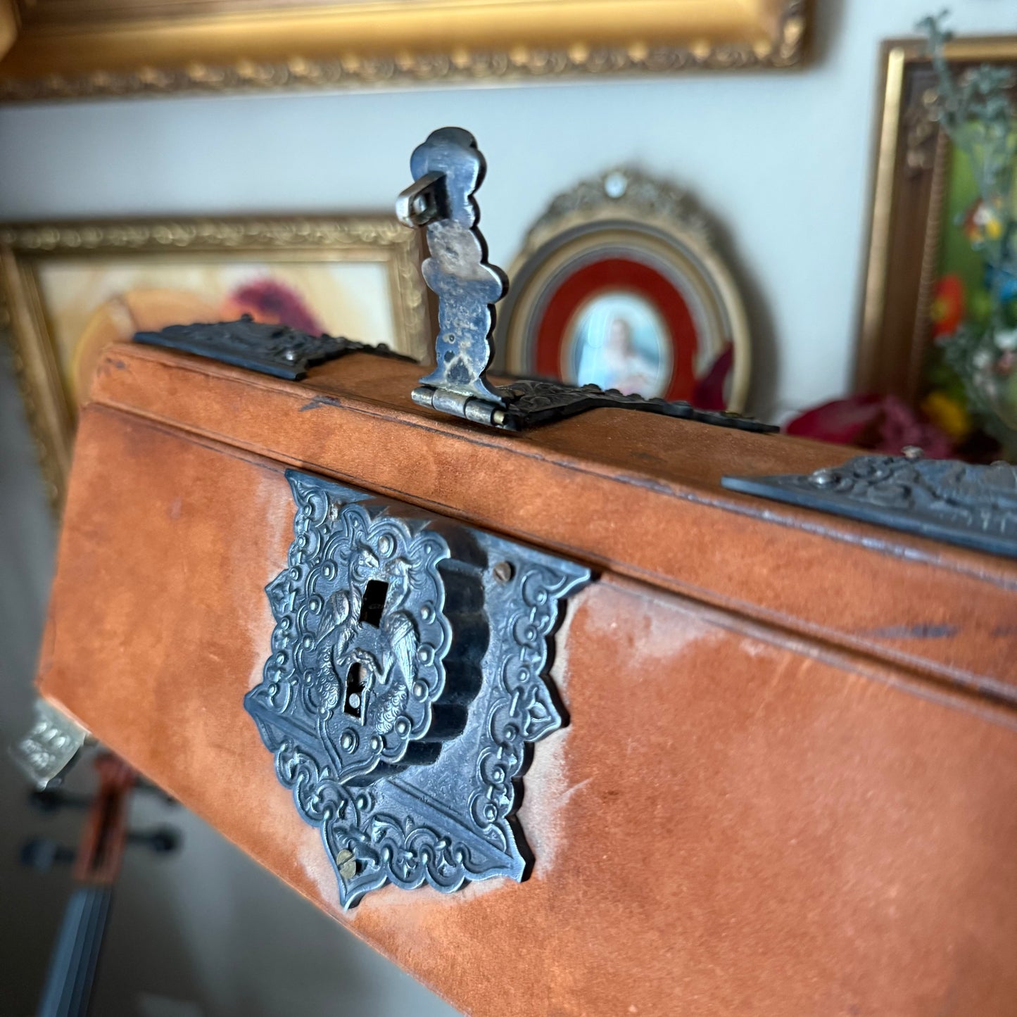Vintage Ornate Velvet Jewelry Box – Blue Satin Tufted Interior, Decorative Metal Trim & Feet, Mid-Century Asian Design