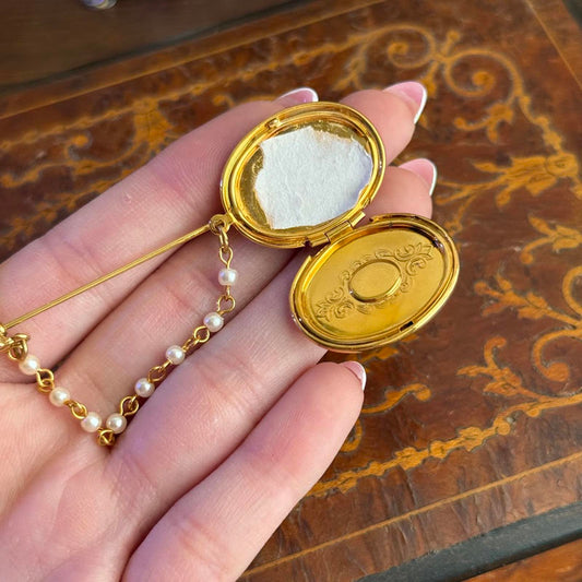 Vintage Faux Pearl & Dangle Chain Locket Stick Pin