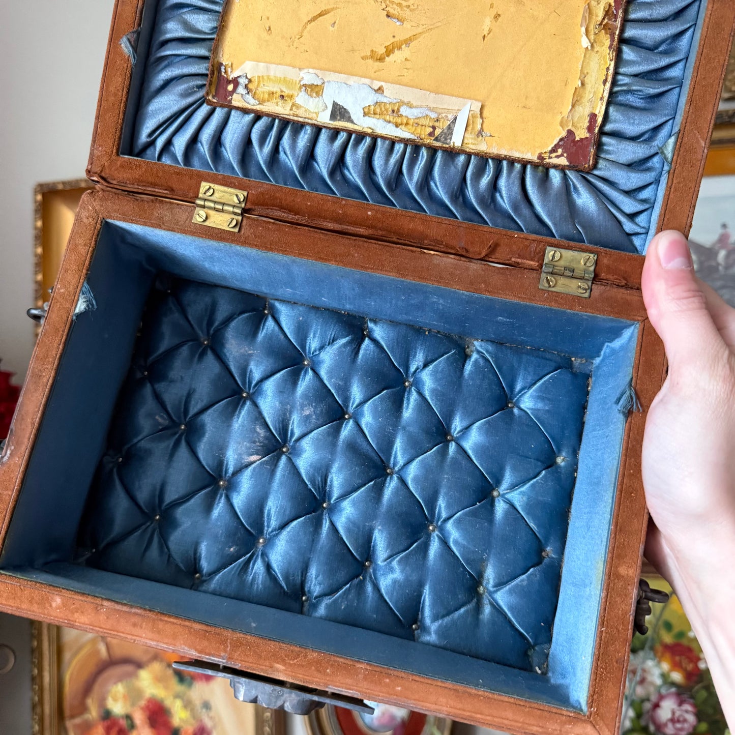 Vintage Ornate Velvet Jewelry Box – Blue Satin Tufted Interior, Decorative Metal Trim & Feet, Mid-Century Asian Design
