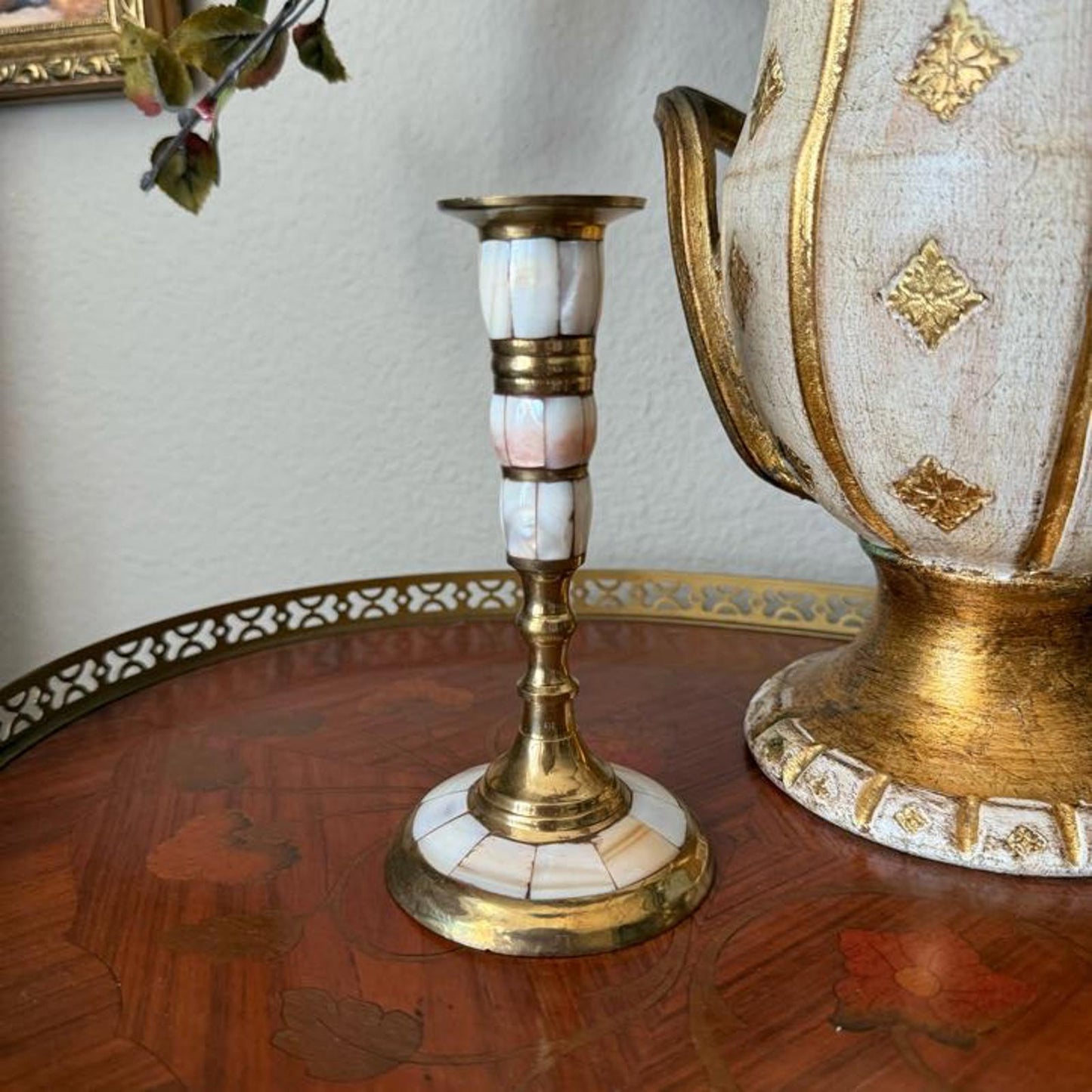 Vintage Mother of Pearl and Brass Candle Holder