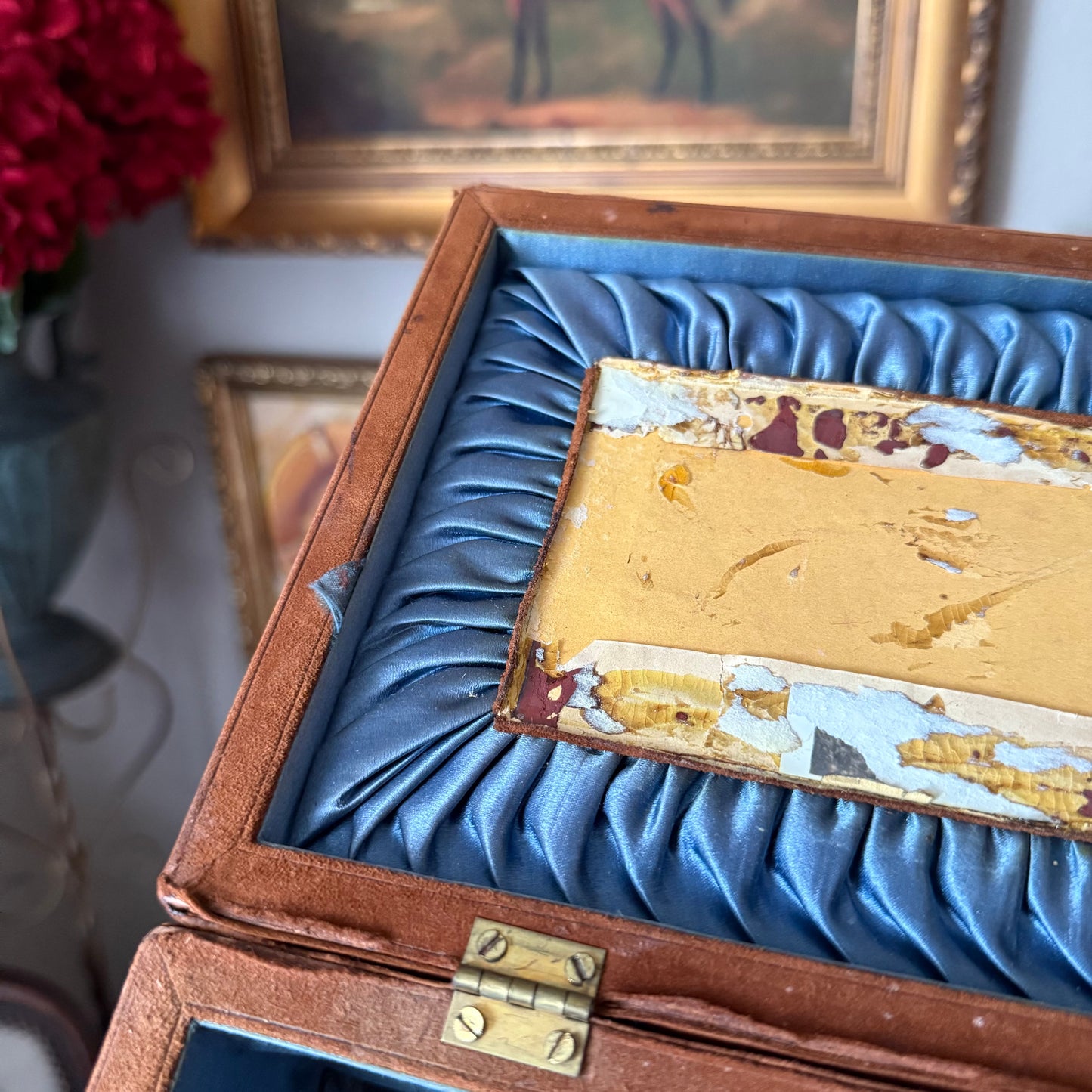 Vintage Ornate Velvet Jewelry Box – Blue Satin Tufted Interior, Decorative Metal Trim & Feet, Mid-Century Asian Design