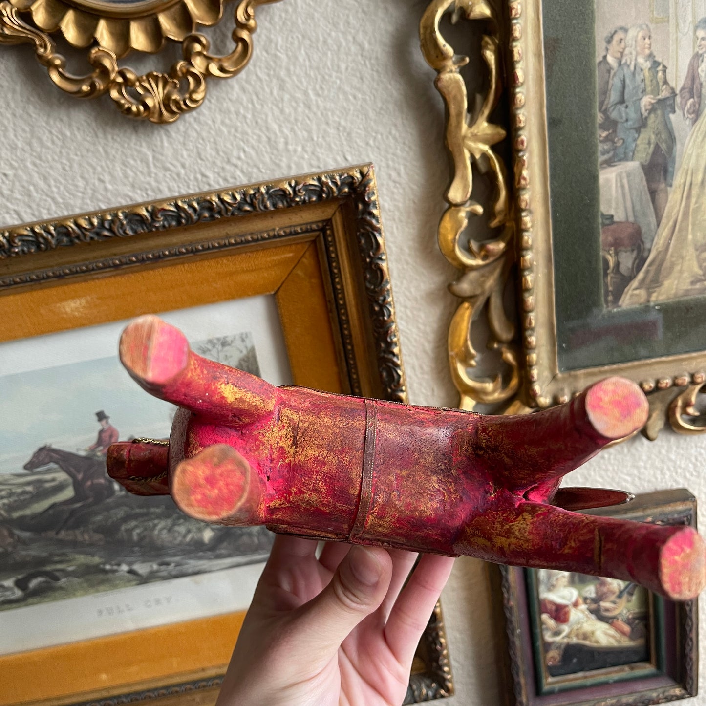 Red and Brown Wooden Horse, Hand Carved Sculpture Horse Brass And Bone detail