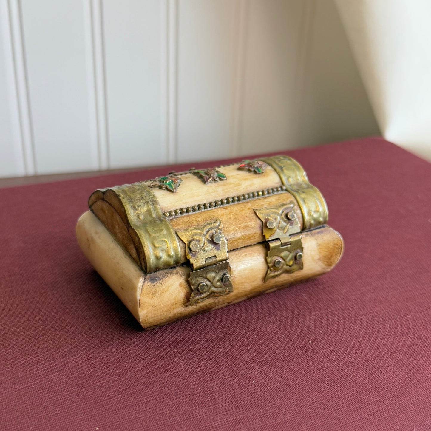 Vintage Bone Brass Trinket Box with Velvet Lined inside