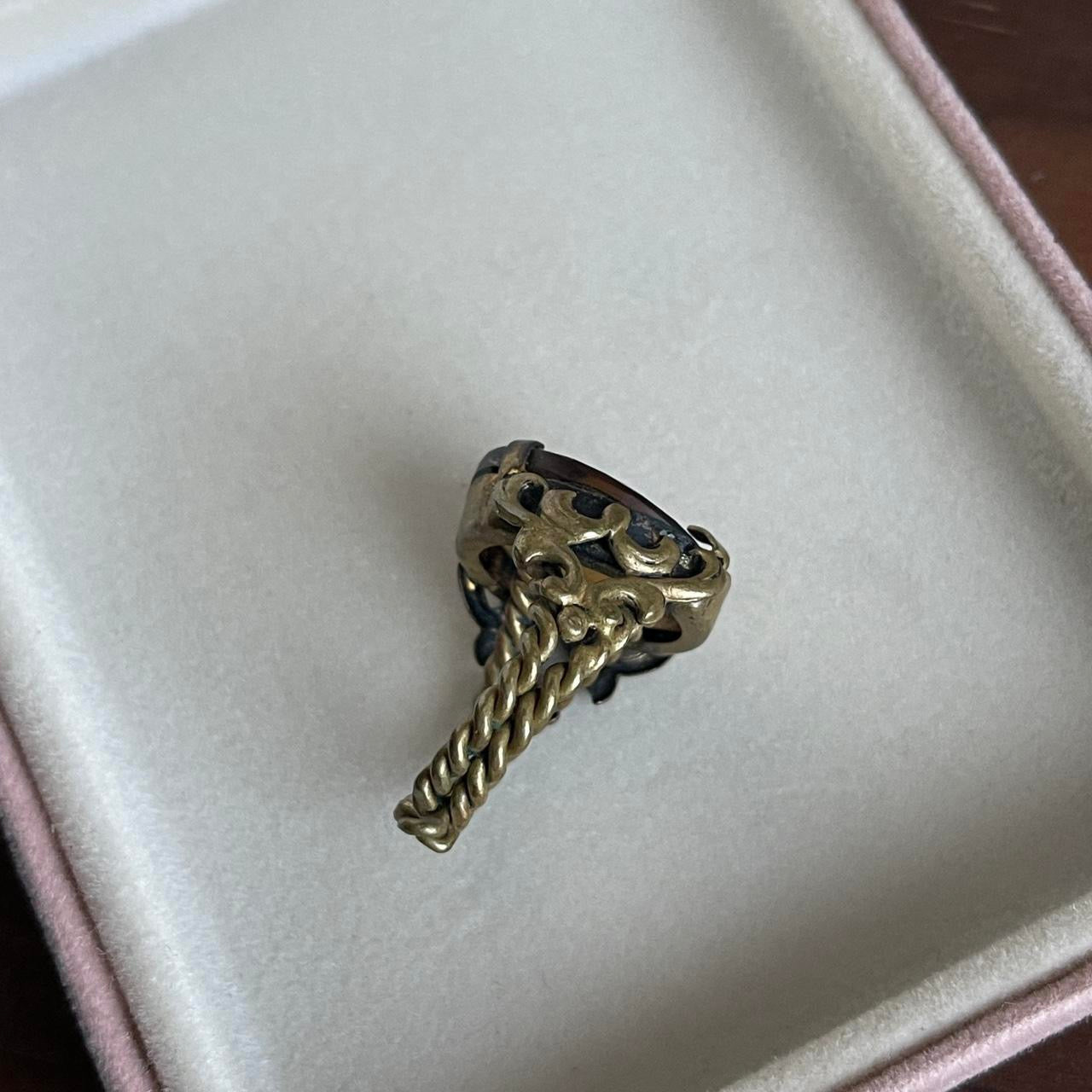 Vintage West Germany art glass Smoky topaz gemstone metal ring Adjust Regency Victorian Revival