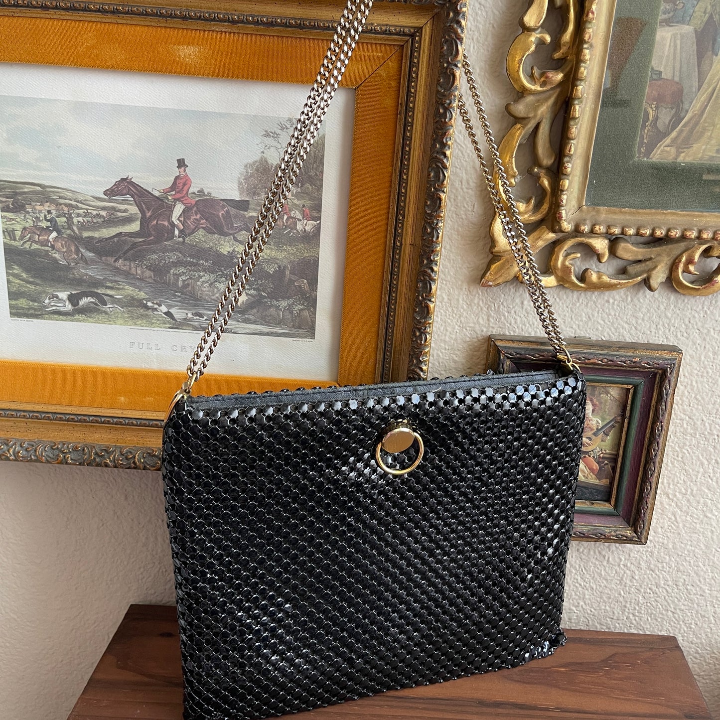 Vintage Purse Clutch Black Metal Mesh Double Chain Strap Hinged Opening