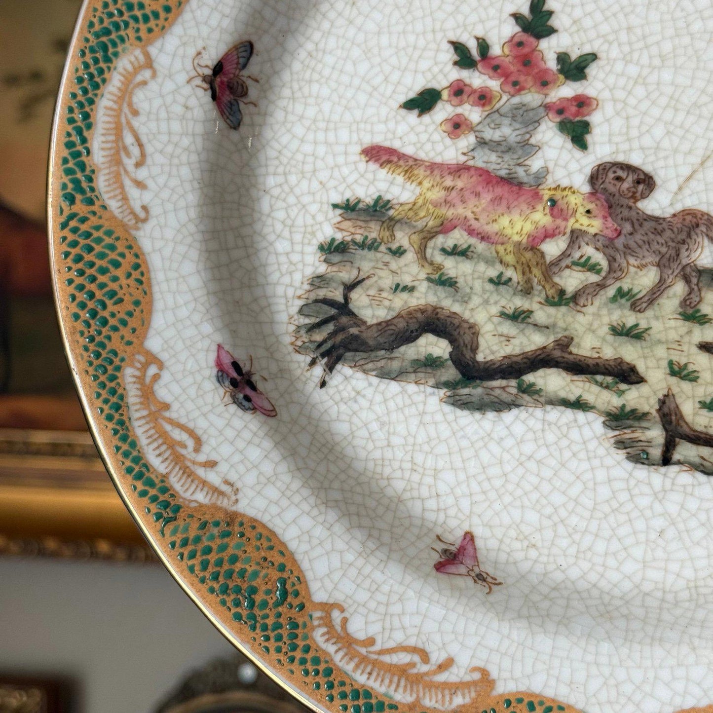 Vintage Decorative Porcelain Plate Crackle Glaze Dog & Bird Scene