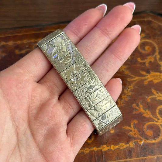 Vintage Silvertone Engraved Flowers Underlay Mesh Bracelet