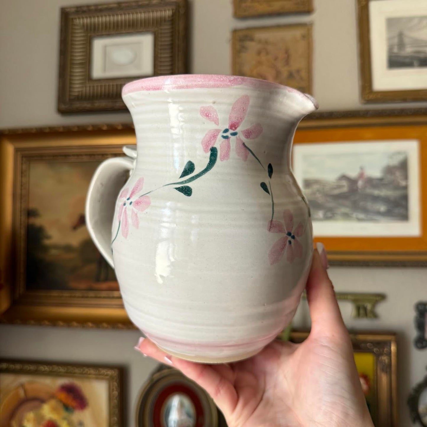 Hand-Painted Vintage Pottery Pitcher with Pink Flowers