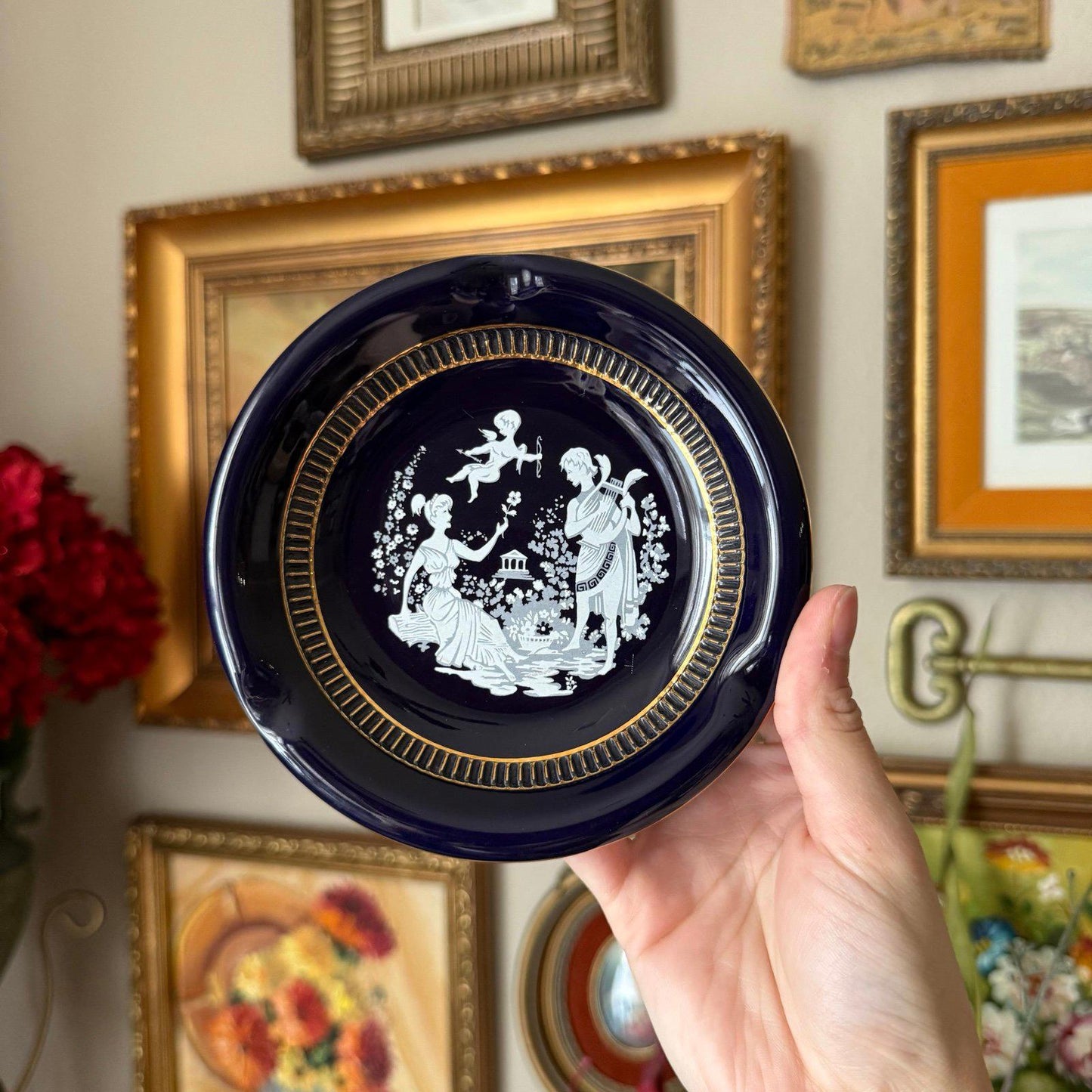 Vintage Courtship Cupid Cobalt Blue Ceramic Glazed Florentine Italy