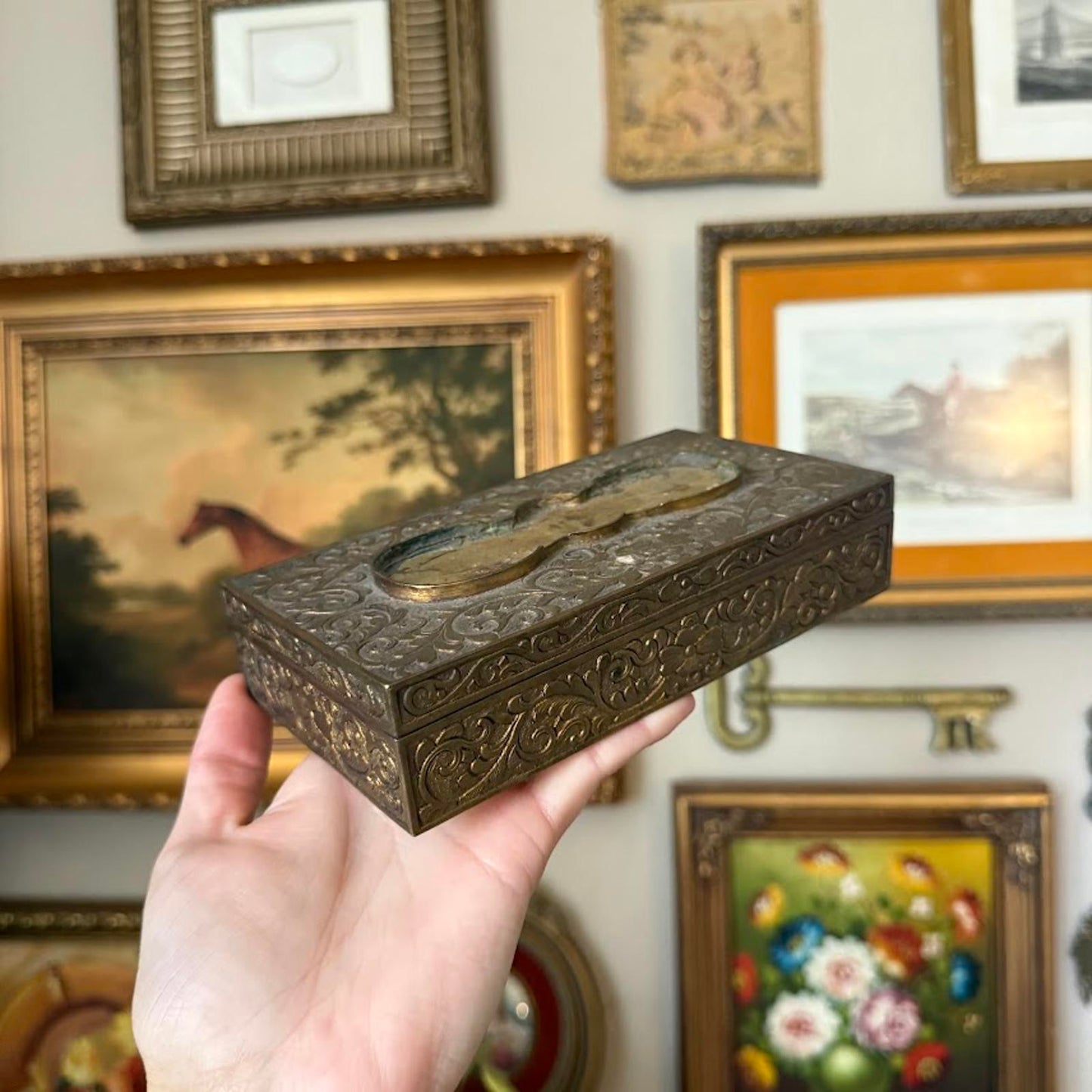 Vintage Metal Jewelry Box w/ Wooden Interior