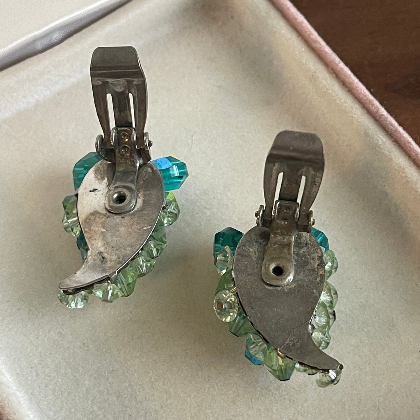Vintage Crystal bead Cluster AB Blue Green Wrap Clip Earrings