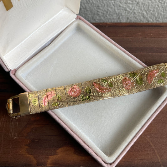 Vintage Gold Tone Floral Panels Mesh Bracelet