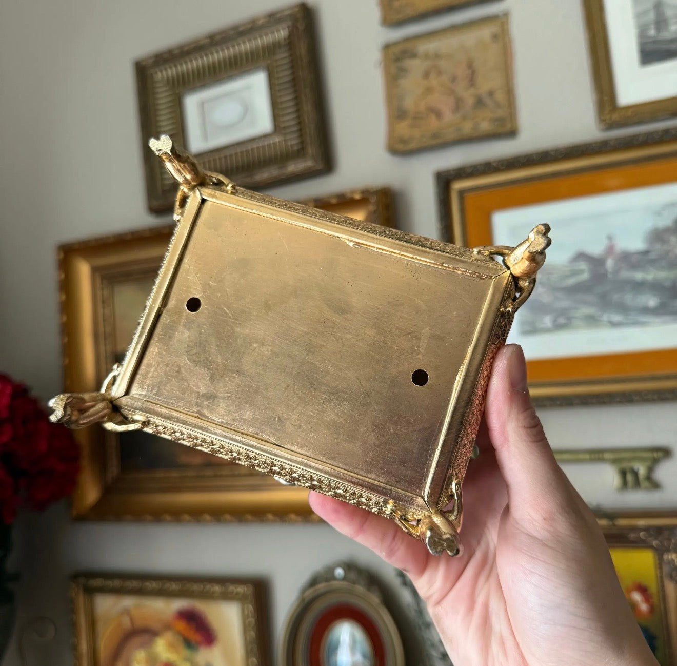 Vintage Cherub Jewelry Box Gold Plated Footed Ormolu