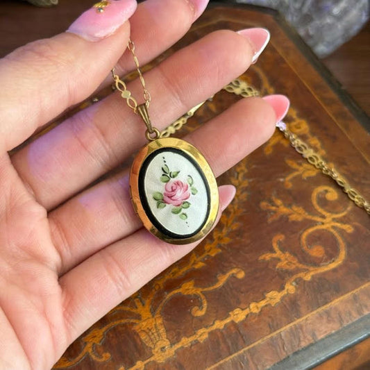 French Guilloche Enamel Locket Pendant with Hand Painted Rose